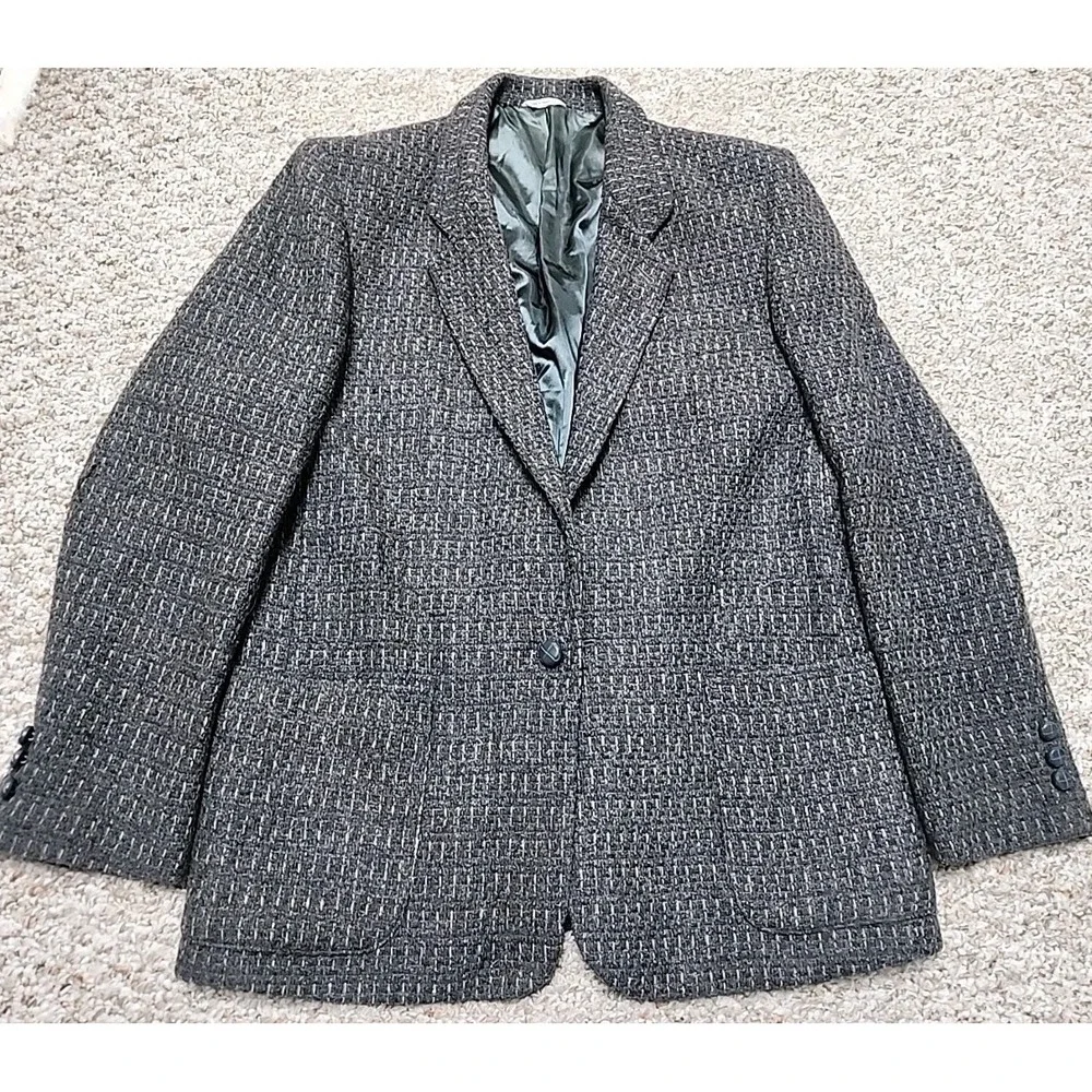 Vintage 80s 90s Gap Wool Tweed Single Button Blazer Gray Brown Blue Textured 40R